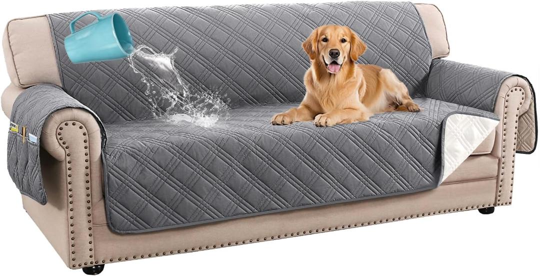 H.VERSAILTEX 100% Waterproof Couch Covers for 3 Cushion Couch Sofa Modern Sofa Slipcovers with Elastic Straps Thick Soft Furniture Protector Pet Friendly(Sofa, Grey/Beige)
