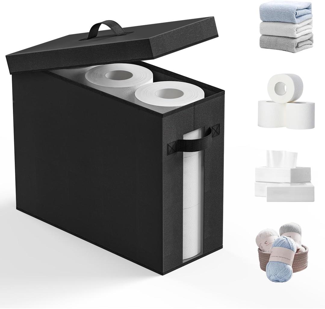 Bathroom Toilet Paper Storage with Lid - for Up to 12 Rolls | Storage Bins with Lids for Towel or Yarn | Free Standing | Foldable | Moisture Resistant | Clear Plastic Window | Black | 1 Pack