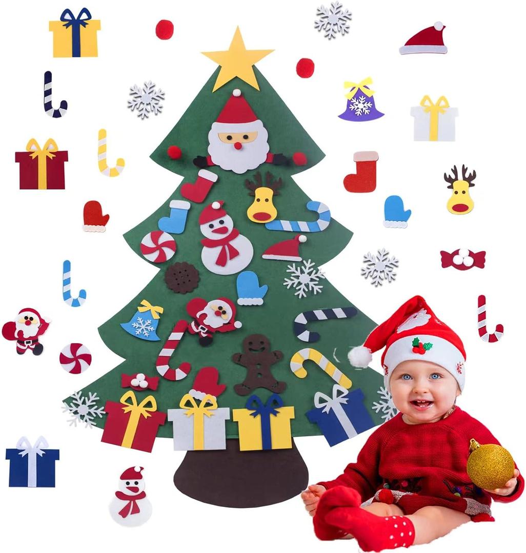 Felt Christmas Tree for Kids Wall, DIY Felt Christmas Tree for Toddlers Set with 28 Ornaments, Kid Christmas Decorations for Wall Hanging Xmas Gifts (Multicolor)