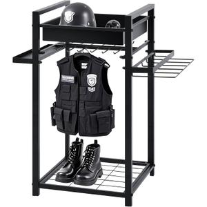 Blulu Police Gear Stand, Tactical Duty Gear Rack with 12 Hooks, Uniform, Duty Belt & Vest Hanger, Black Body Armor Stand for Police Gift