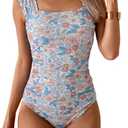 B2prity Womens One Piece Swimsuit Retro Square Neck Tummy Control Bathing Suits Ruched Modest Full Coverage Swimwear(Pink Floral), Free Size