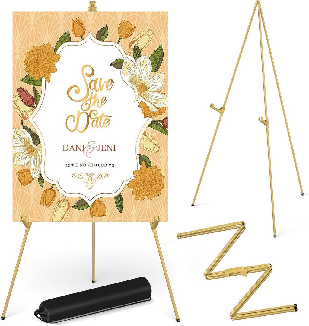 Display Artist Easel Stand - 63" Instant Tripod Collapsible Portable Floor Easel - Easy Folding Adjustable Art Poster Metal Stand for Display Show, Wedding, Painting - Gold