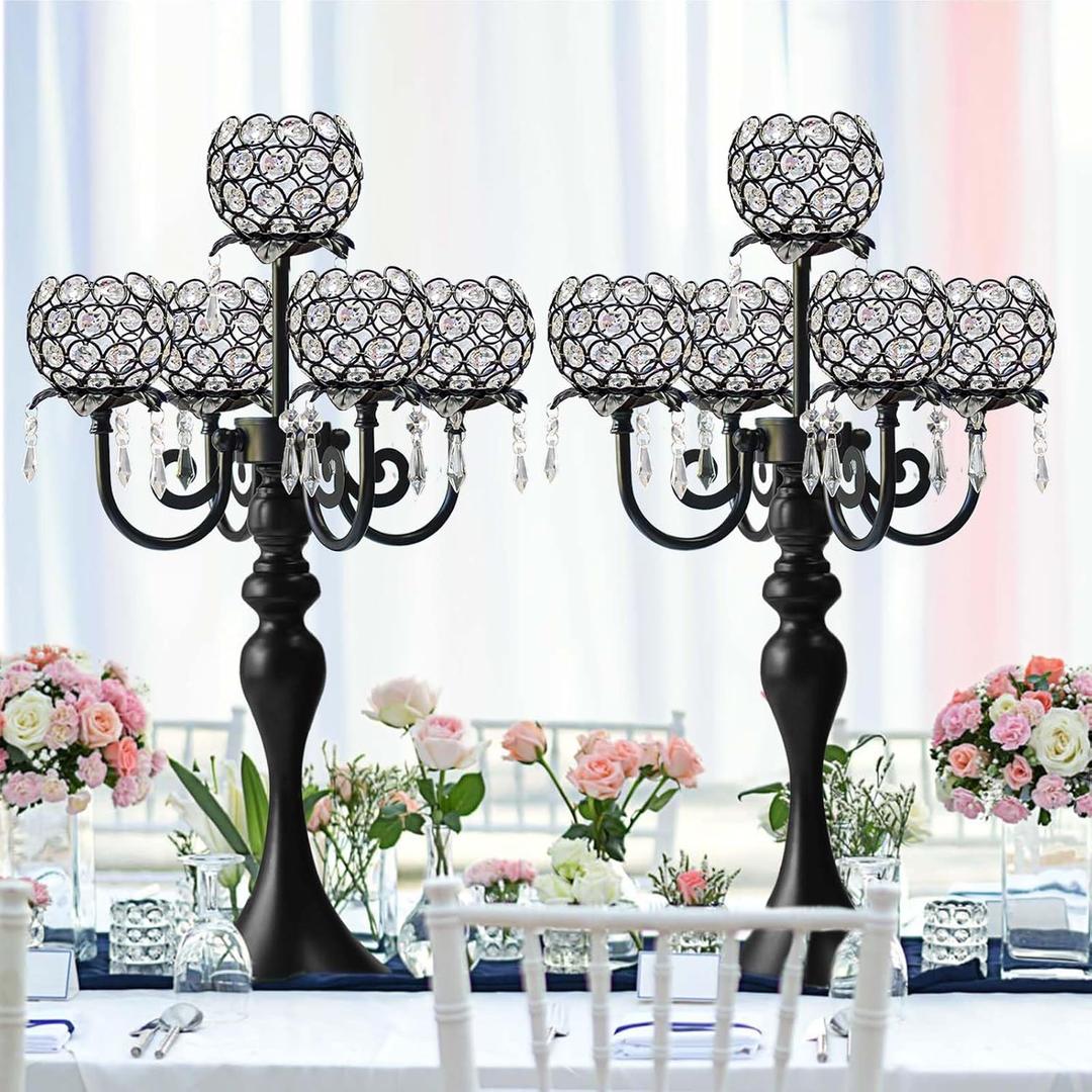 2Pcs Elegant 5-Arm Tea Light Crystal Candle Holder with Pendant Chain & Round Crystal Bowl - 22.5 Inch Tall Black Wedding Table Centerpiece for Holiday Events, Parties & Home Decor