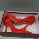 Zzheels Women's Bow High Heels Closed Toe Heels with Bow Chunky Heels Bridal Wedding Shoes Red Suede US Size 6