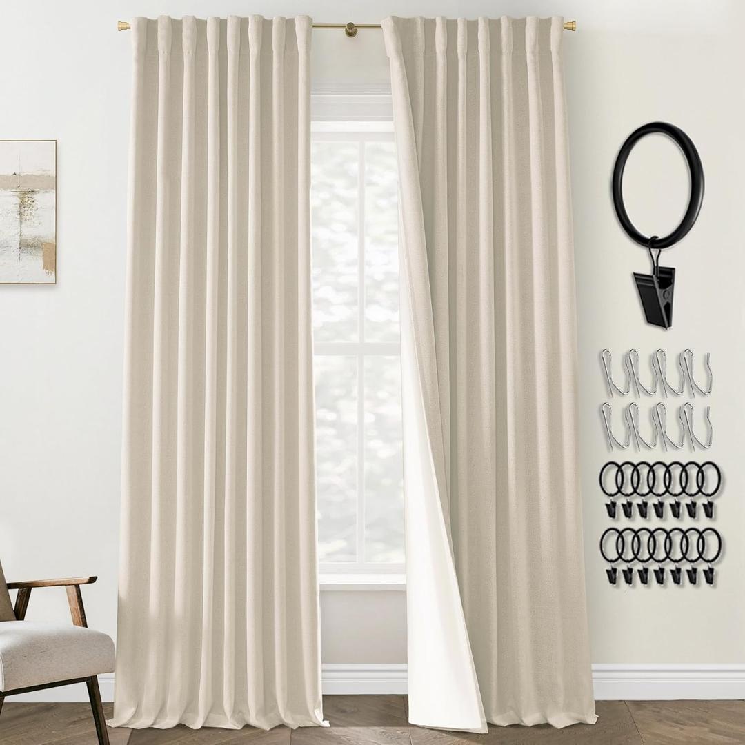 Floor to Ceiling Curtains,Cortinas para Sala Elegantes,Long Blackout Drapes for Track System Pleated with Hooks Rings,Linen Black Out 9FT Curtains 108 Inches Long 2 Panels Set for Living Room, Beige