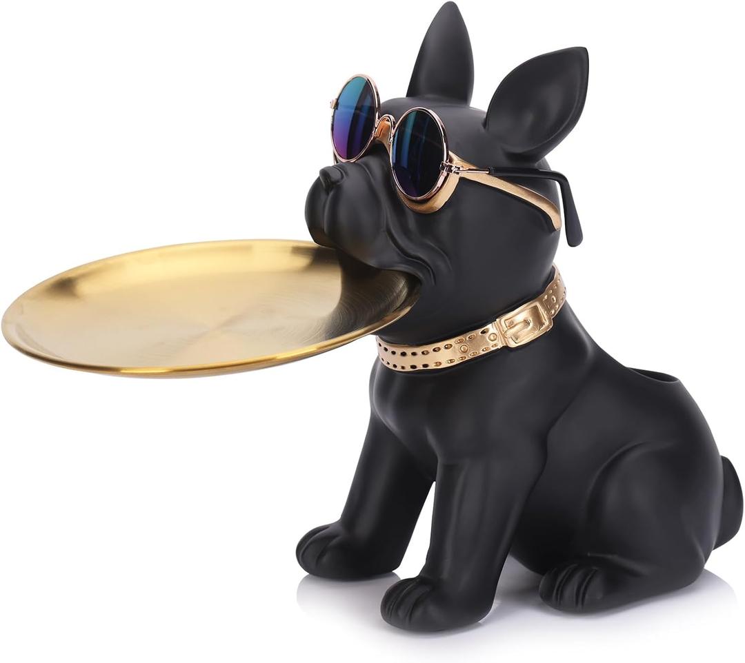 Resin French Bulldog Statue Storage Tray, Key Tray for Entryway Table, Cute Dog Butler Statue with Tray, Black French Bulldog Figurine Animal Sculpture Table Decoration for Home Office (A-6)