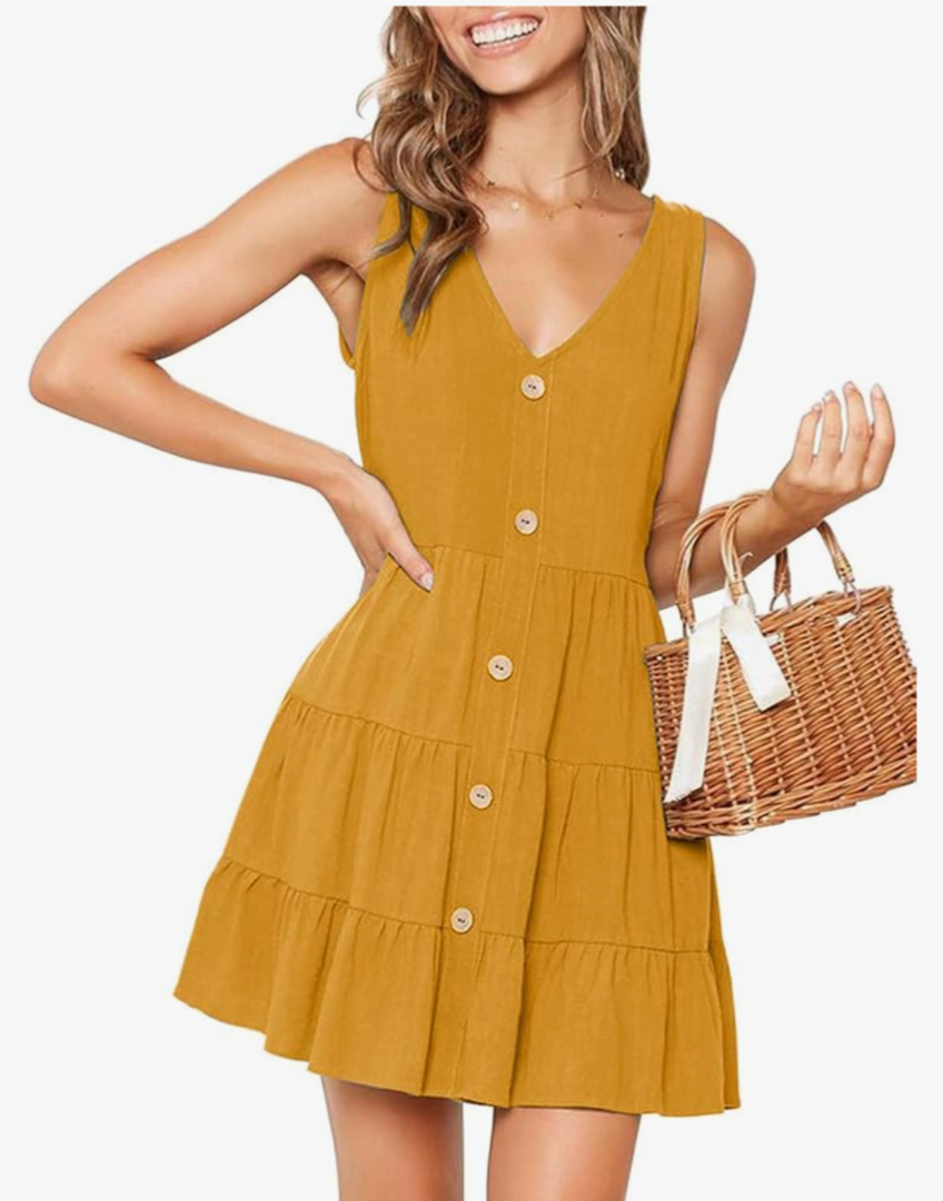 MITILLY Women's Casual T-Shirt Dresses Sleeveless V Neck Button Down A Line Loose Swing Short Dress with Pockets, XL