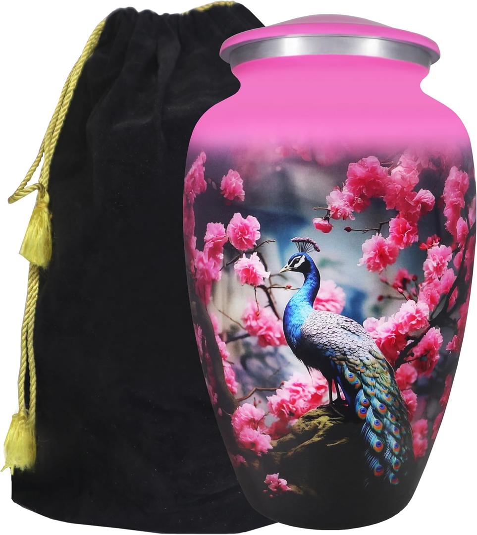 M MEILINXU Urn for Ashes for Women & Male, Cremation Urns for Human Ashes Adult Female & Man, Funeral Memorial Urn with Peacock Design, Decorative or Burial Urns, Pink Flowers - Large Size