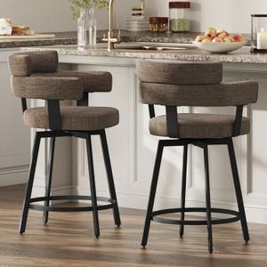 Counter Height Bar Stools with Full Back Swivel Counter Stools Set of 2 with Linen Padded Back, Metal Footrest, Modern Barstools for Kitchen Counter, Island, Dining Room, Brown 24 inch