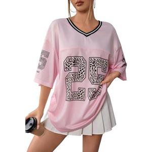 SOLY HUX Jersey Shirts for Women Y2k Oversized Graphic Tees V Neck Half Sleeve Cute Soccer Streetwear Tops Size S