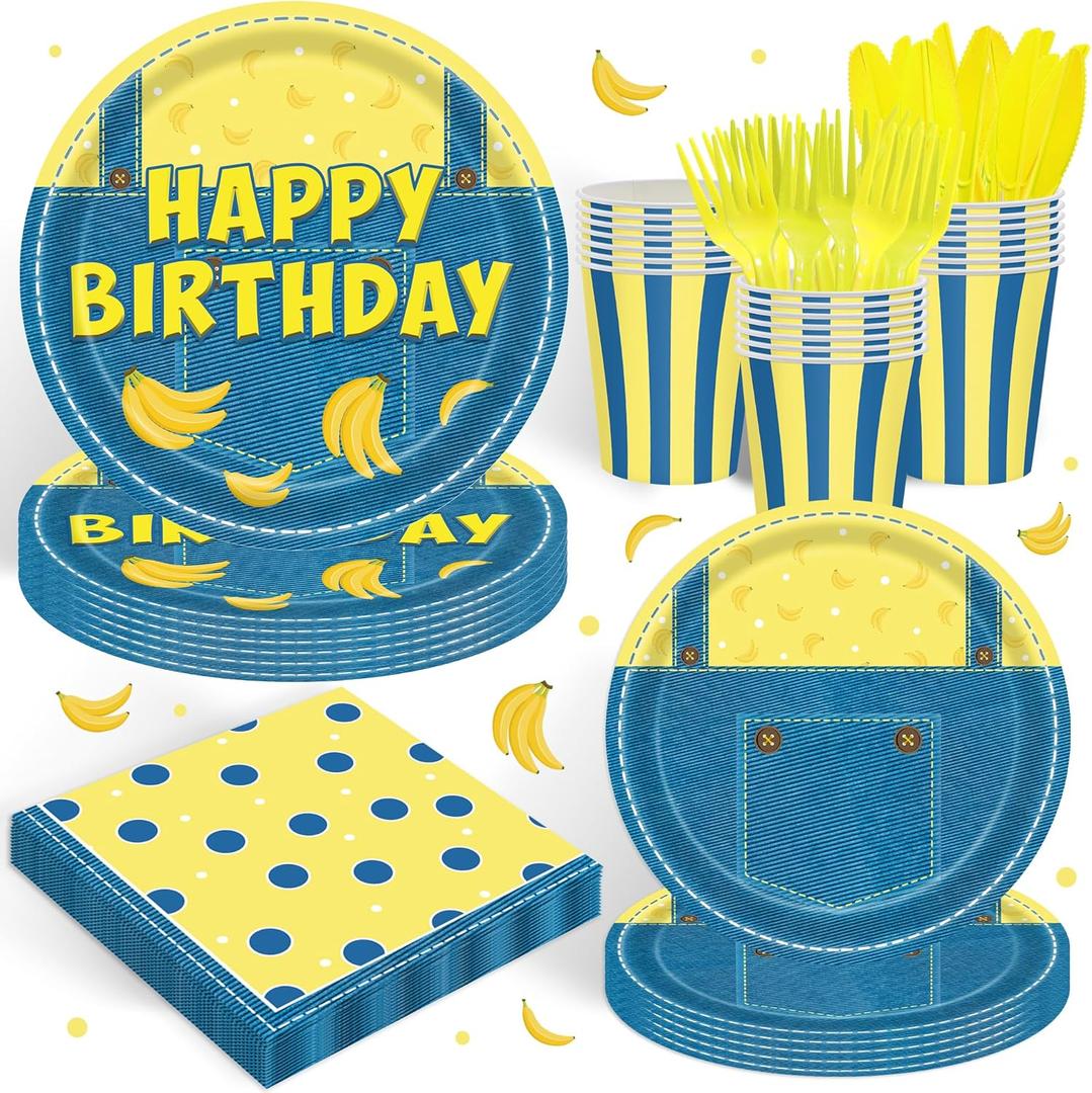 120PCS Yellow Cartoon Themed Party Supplies for Boys Girls 1st 2nd Birthday Party Banana Cake Table Decorations Plates Napkin Cups Tableware Set for 20 Guests