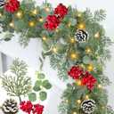 Prelit & Timer - 6 Ft Christmas Garland with Lights, Real Touch Cedar Garland Soft Bendable Eucalyptus Cypress Pine Garland with Pinecone Berry Greenery Christmas Garland for Mantle Fireplace Table