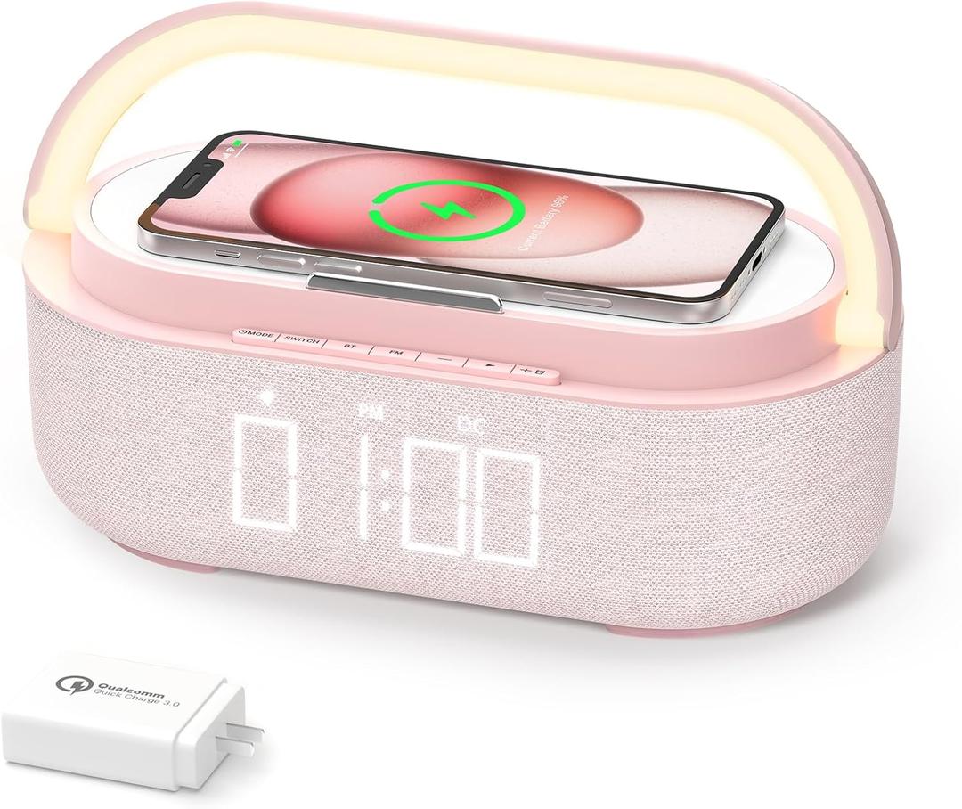 COLSUR Bluetooth Speaker with Wireless Charger, FM Radio, Dimmable LED Night Light, Dual Wireless Speakers, 2500mAh Portable Speaker for Home Decoration, Bedroom, Office, Gift (Pink)