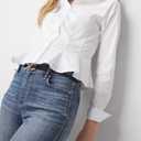 SUNNOW Women's Cinched Waist Long Sleeve Poplin Shirt Corset Seam Detail Blouse with Peplum Hem & Button Cuffs for Office White (White, L)