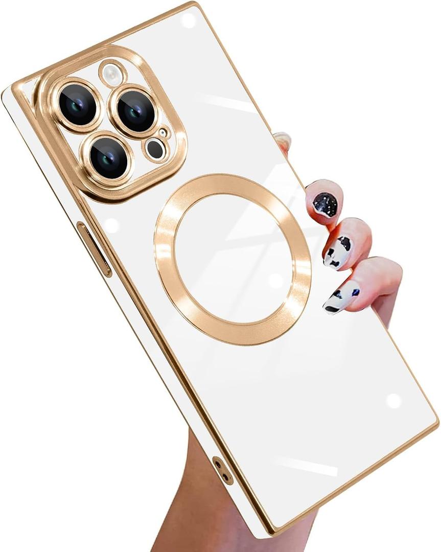KANGHAR Case Designed for iPhone 16 Pro Magnetic [Compatible with MagSafe] Luxury Cute Plating Design Case Full-Body Anti-Scratch Shockproof Bumper Protective Cover White