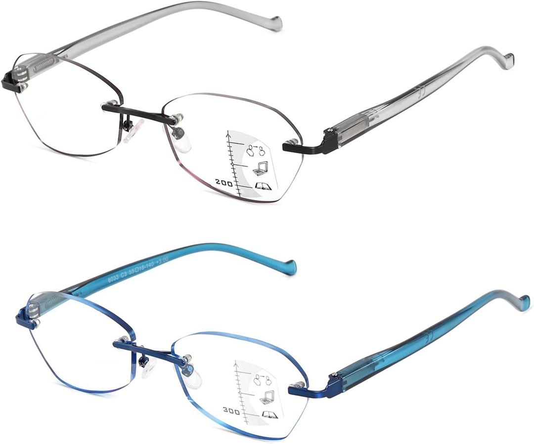 Multifocus Reading Glasses Women Progressive Multifocal Rimless No Line Bifocal Reader Blue Light Computer designer Eyeglasses Ladies Cute Transition Eyewear Blue/Grey Lens Edge 2.75