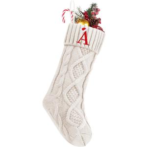 Personalized Christmas Stockings with Initials, 18 Inches Large Embroidered Monogrammed Cable Knit Christmas Stocking for Family, Xmas Holiday Party Gifts & Decoration for Fireplace(White,Letter A)