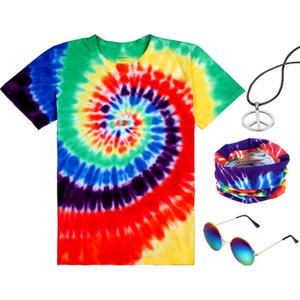 Norme 4 Pcs Hippie Costume Set Tie Dye T Shirt Peace Necklace Headband and Sunglasses for Theme Party (XL)