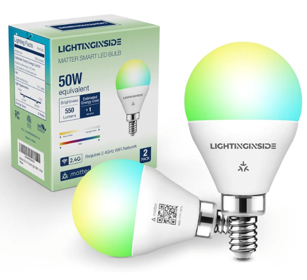 Lightinginside Matter E12 Smart Light Bulbs 50W Equivalent 5W 550LM, Compatible with Alexa/Siri/Apple Home/Google Home/SmartThings, G16.5 RGBCW Candelabra Ceiling Fan Bulb, 2.4G WiFi, ETL Listed, 2PCS