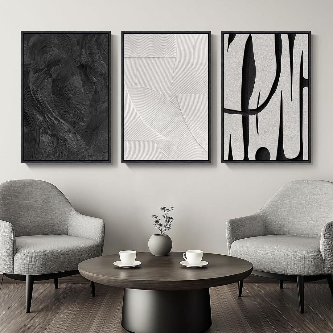 Large Framed Black and White Abstract Wall Art for Living Room, 3 Piece Canvas Prints Paintings Artwork for Walls, Modern Minimalist Pictures for Hallway Stair Office Wall Decor -Total Size 30x60 Inch