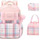 TYHOTULY 3Pcs Cute Backpack for Girls with Lunch Box & Pencil Case, Large Capacity Kids Bookbag for Elementary Middle School Students Waterproof Kawaii Preppy Aesthetic Plaid Backpack Age 4-16