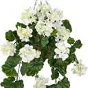 Briful Realistic Geraniums Artificial Hanging Basket for Outdoor, 23.6in Trailing Faux White Geranium Flowers in Handwoven Basket, UV Resistant Outdoor & Indoor Decor, Home Farmhouse Patio, Wedding