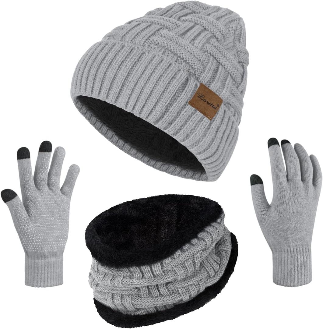 Loritta 3-Pieces Winter Hat Neck Warmer Touchscreen Gloves Set Knit Thick Scarf Beanie Hats Scarves Set Gifts for Women (Light Grey)