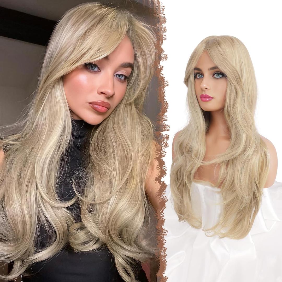 FESHFEN Blonde Wigs for Women, Long Layered Wigs with Curtain Bangs Natural Looking Synthetic Heat Resistant Hair Wig for Daily Use Party, 26 inch Dirty Blonde