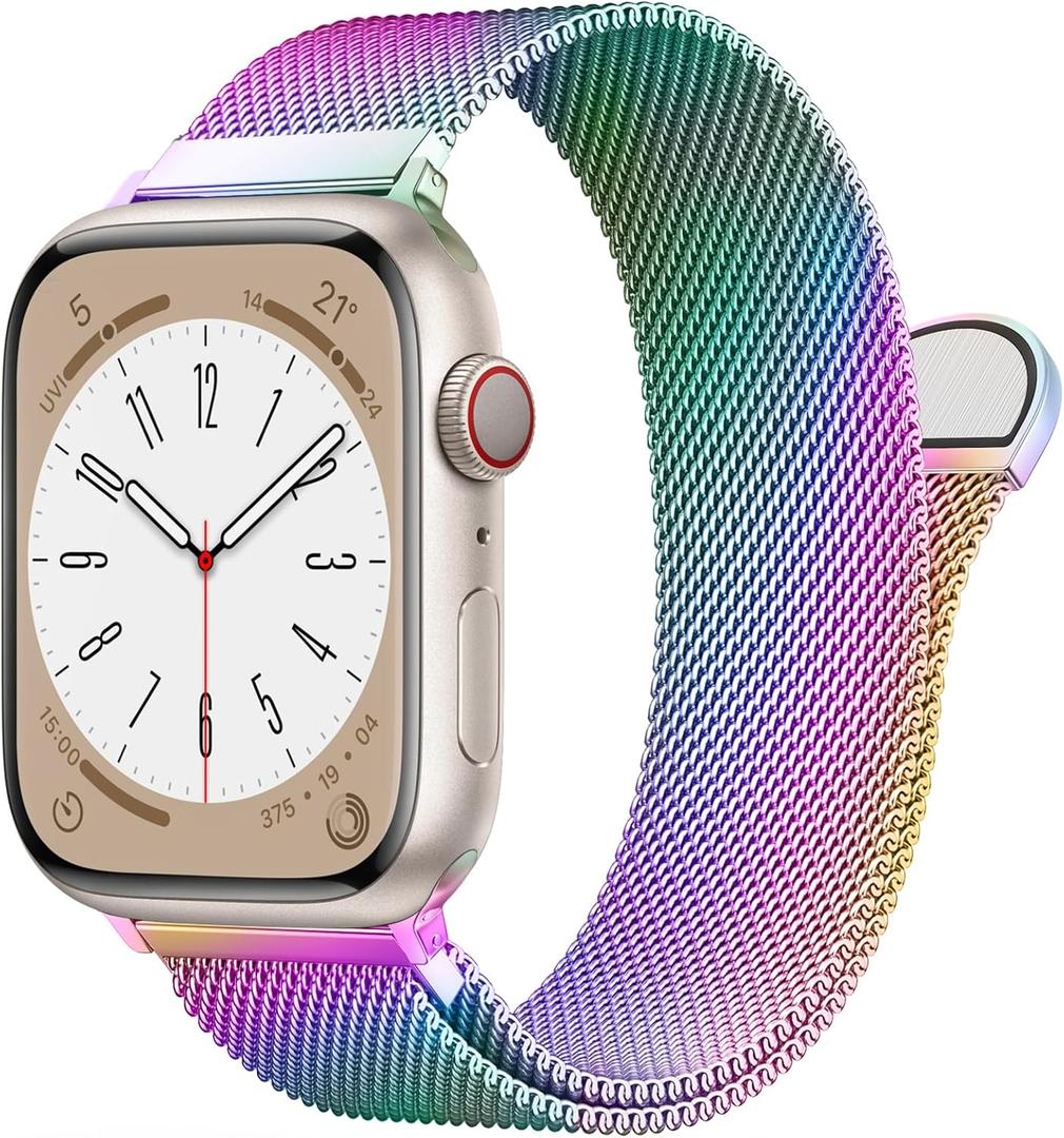 Original Stainless Steel Milanese Loop Compatible with Apple Watch Band 38mm 40mm 41mm 42mm 44mm 45mm 46mm 49mm, Magnetic Clasp Band for iWatch Series 11 10 9 8 7 6 5 4, SE 3 2 1 Ultra3 2, Women & Men (Rainbow)