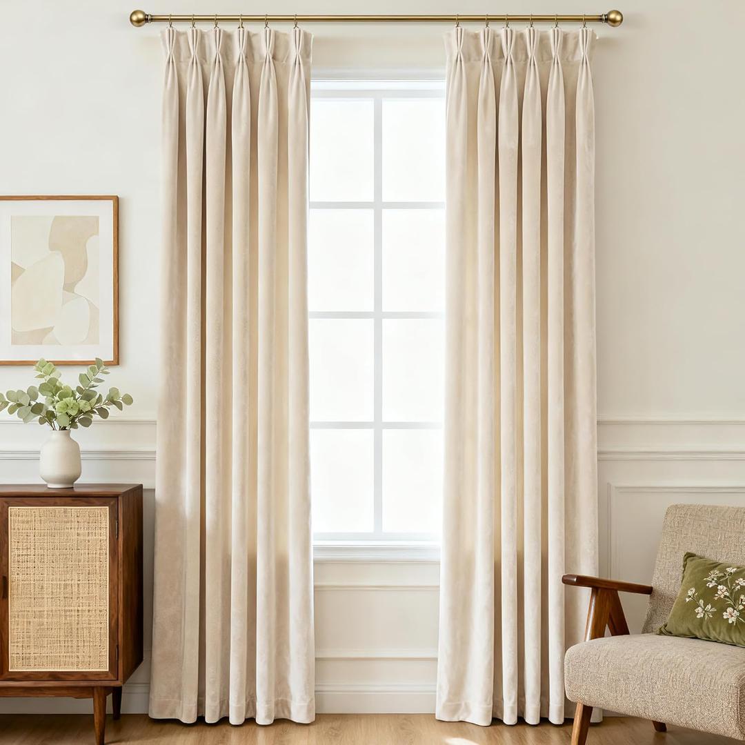 Triple Pinch Pleated Cream Velvet Curtains 120 inches Long Living Room Darkening Curtain Neutral Modern Farmhouse French Pinch Pleat Curtain Panel Heavy Thick Light Filtering Velvet Drapes for Bedroom (40"W x 120"L (Pack of 2))