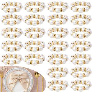 APTWOW Pearl Gold Napkin Rings Set of 24 - Imitation Pearl Napkin Holder, Disposable White&Gold Napkins Rings Bulk for Wedding Party Birthday Banquet Table Decor and Daily Use