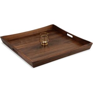 24 x 24 Inches Large Square Curved Black Walnut Wood Ottoman Tray with Handles, Serve Tea, Coffee Classic Wooden Decorative Serving Tray
