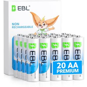 EBL AA Batteries 20 Pack Non-Rechargeable 1.5V Alkaline Double A Batteries, Long-Lasting Alkaline AA Battery for Household Devices, 10-Year Shelf Life
