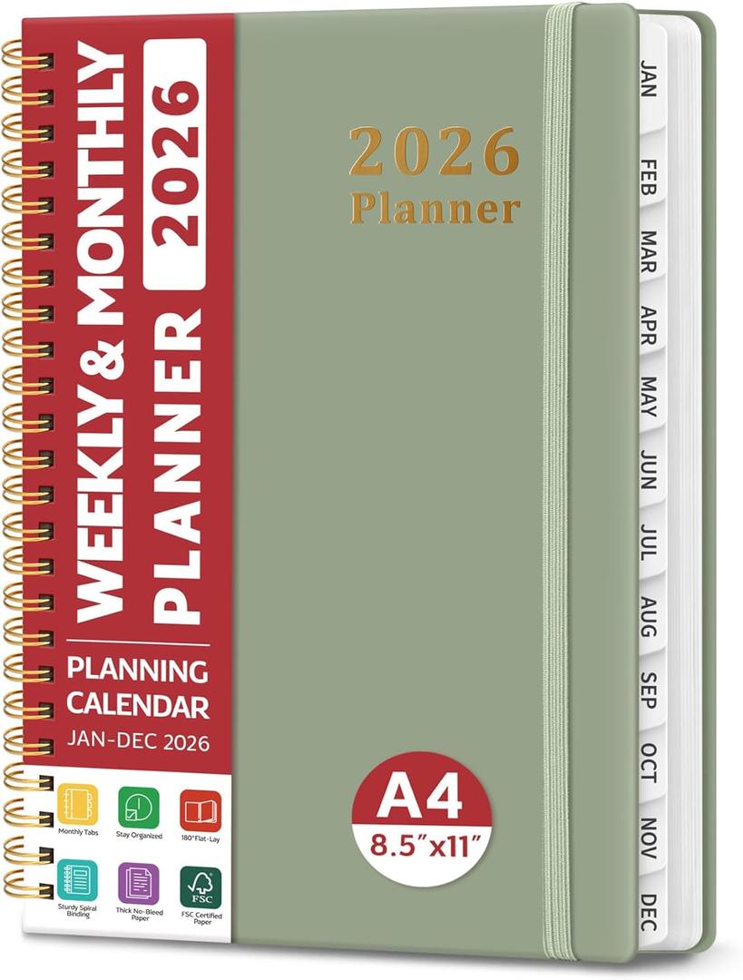 2026 Planner, Weekly and Monthly Calendar Planner, January 2026 - December 2026, Hardcover 2026 Calendar Book with Tabs For Women & Men, Inner Pocket, Spiral Bound, Perfect for Office Home School Supplies - A4 (8.5" x 11"), Green