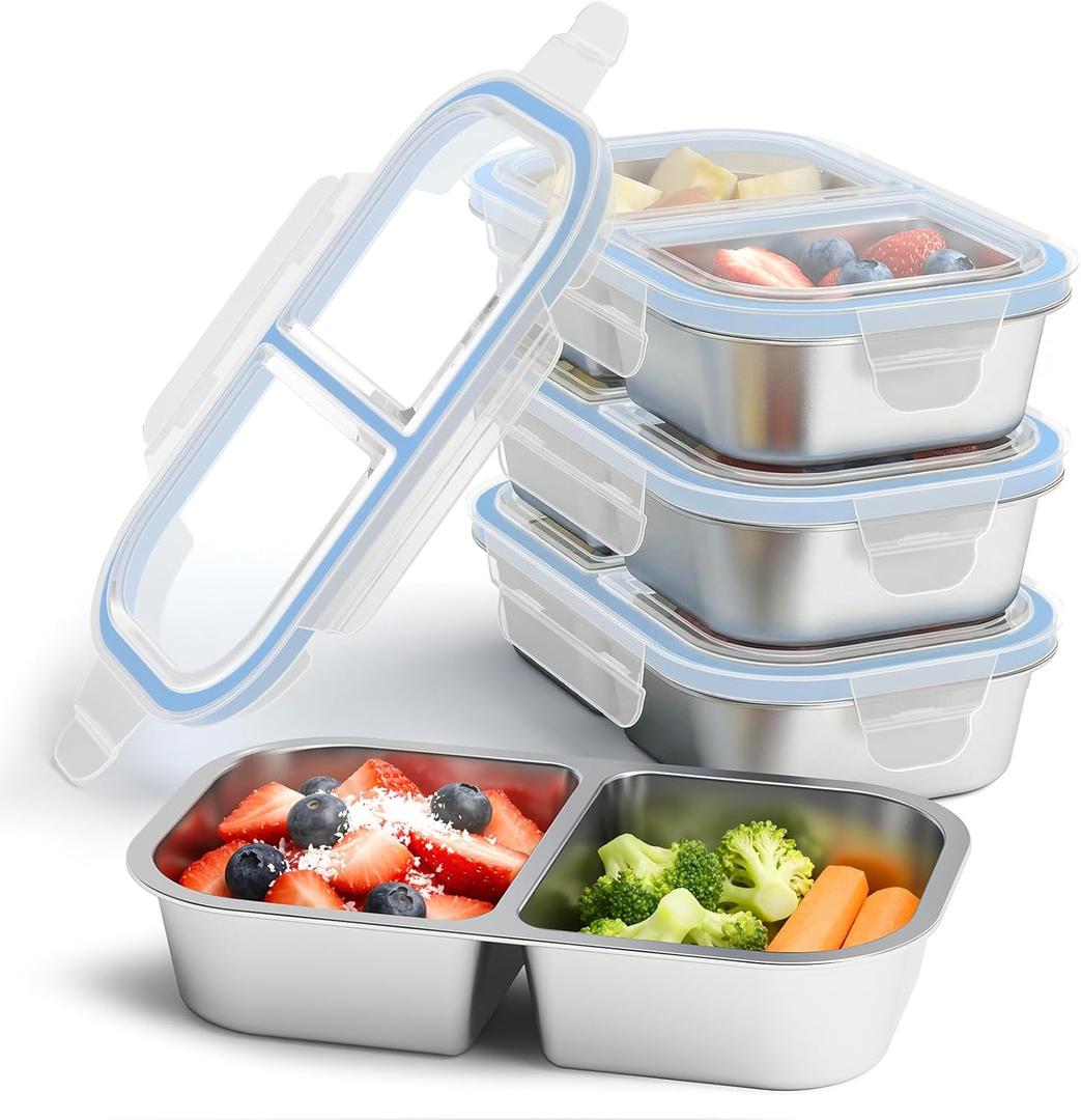 4 Pack Stainless Steel Snack Containers, 2 Compartment Reusable Metal Snack Boxes Containers with Leak-Proof Lids, Compact Lunch Box Food Storage Container