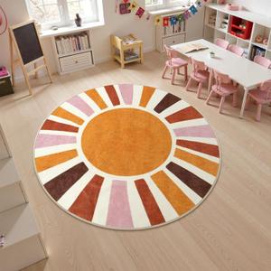 LIVEBOX Sun Round Rug 6ft Large Boho Rug for Living Room, Washable Soft Throw Kids Area Rugs for Classroom, Non-Slip Circle Nursery Rugs Round Carpet for Bedroom