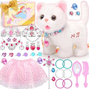 Tagitary Plush Toys Walking Cat Repeats What You Say,Stuffed Interactive Cat Talking Singing Toys with Princess Dress Up Accessories Jewelry Toys,Christmas Birthday Gift Party Favors for Kids