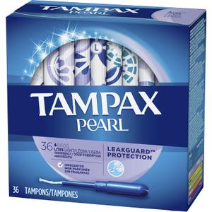 Tampax Pearl Plastic Tampons, Light Absorbency, Unscented, 36 Count (Pack of 2) (72 Total Count) (Packaging May Vary)