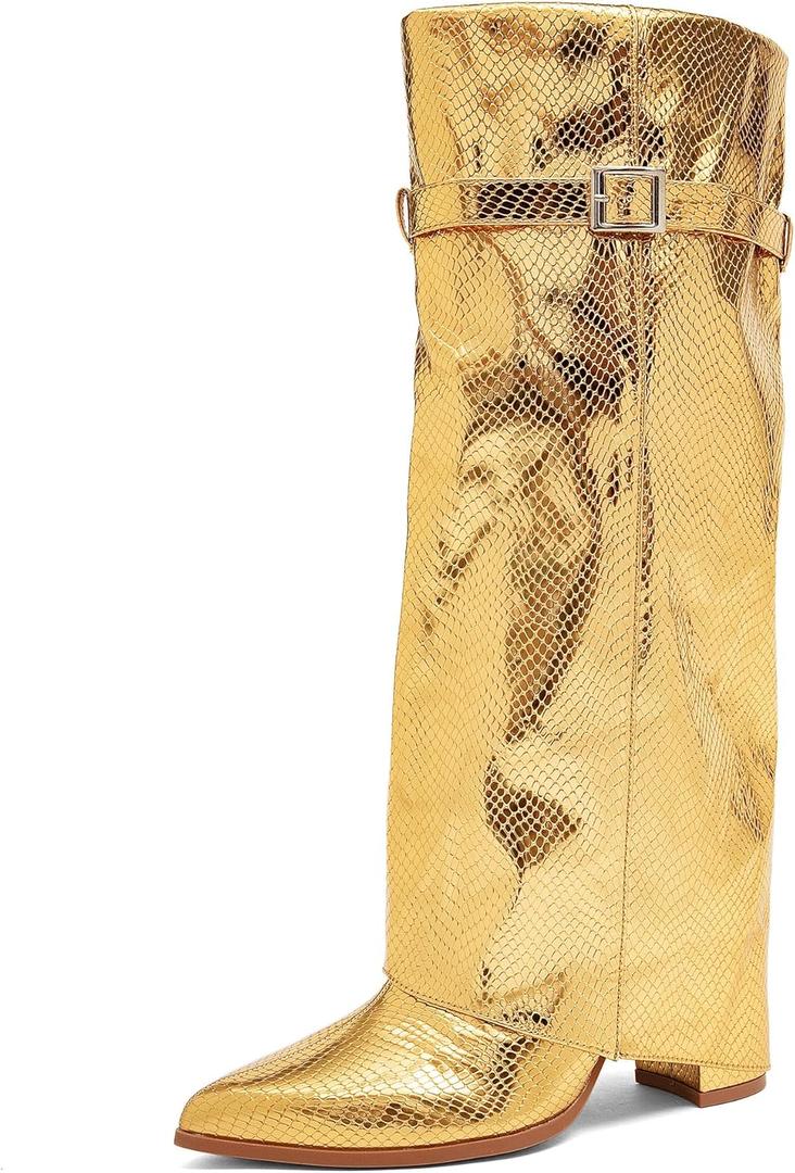 NEWBELLA Women's Knee High Boots - Shiny Faux Leather Slim Fit Trouser Boots, Fashionable Pointed Toe Block Heel Boots for Outfits, Gold 8