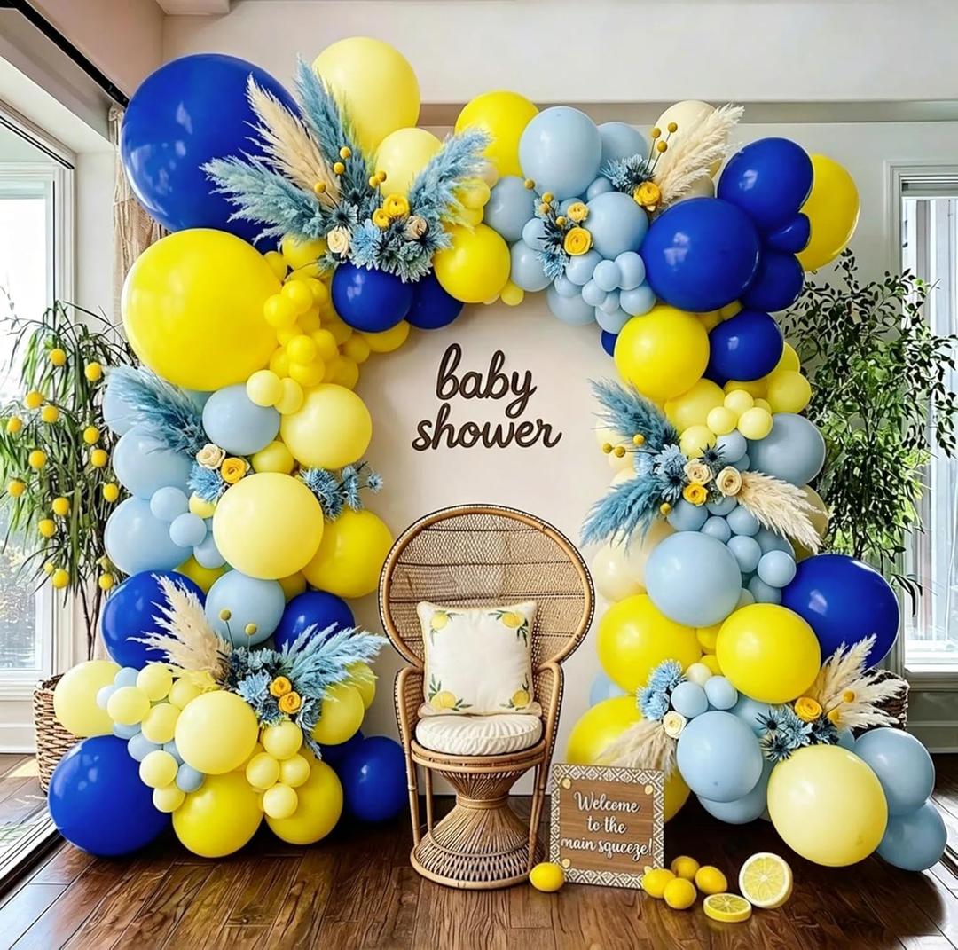 Royal Blue Yellow Balloon Garland Double Stuffed Pastel Yellow Dusty Blue Balloon Arch Kit for Baby Shower Graduation Birthday Wedding Summer Party Decor