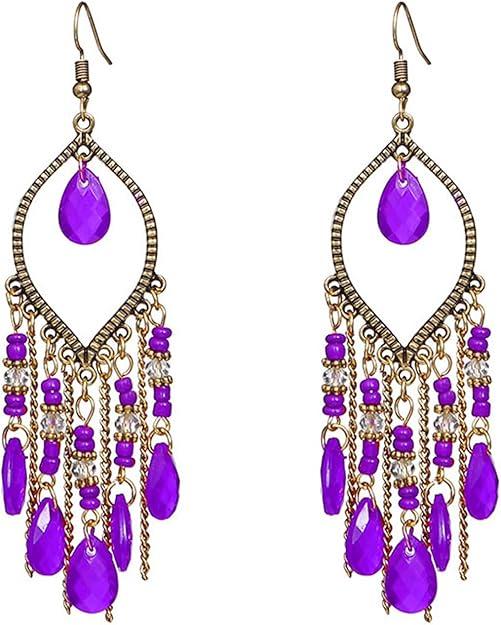 Coadipress Long Bohemian Drop Dangle Earrings for Women Retro Colorful Tassel Statement Drop Earrings Beaded Tassel Chandelier Earring Boho Elegant Jewelry, Purple