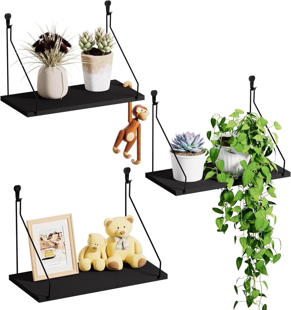 Elevate Your Space with Rustic Wood Floating Shelves Set of 3- Perfect for Bedroom, Living Room, Bathroom, and Kitchen Decor - Easy Installation, No Drilling Needed! Black
