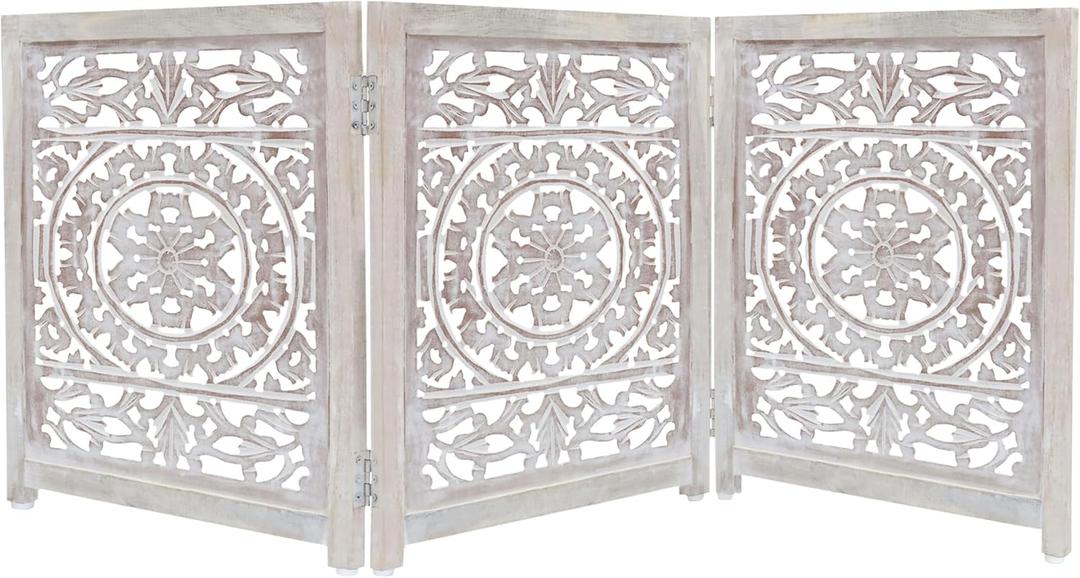 Croft&Cane Wooden Foldable Pet Dog Gate - Hand Carved 3-Panel 60 W x 24 H | Suzani White Wash Freestanding Portable Puppy Dog Fence - Solid Wood & MDF Indoor Doorway Hallway Stairs Safety Barrier