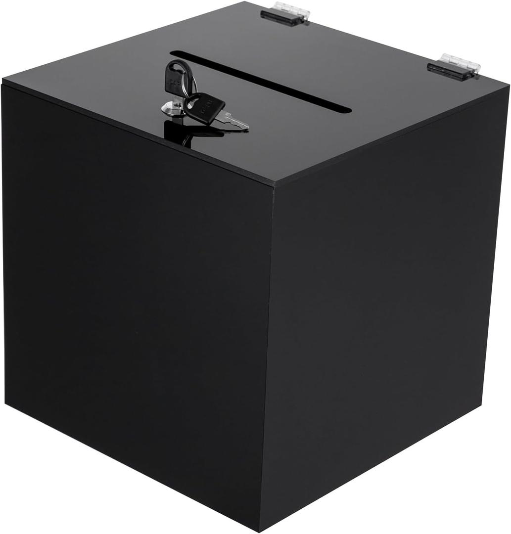 Acrylic Donation Box, 10" X 10" X 10" Ballot Suggestion Box with Lock & 2 Keys, Raffle Voting Box with Slot for School Conference Fundraising (Black)