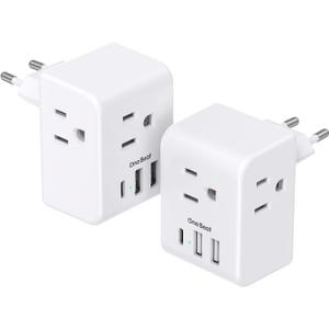 2 Pack European Travel Plug Adapter, International Power Plug Adapter with 3 Outlets 3 USB Charging Ports(1 USB C), Type C Plug Adapter Travel Essentials to Most Europe EU Spain Italy France Germany