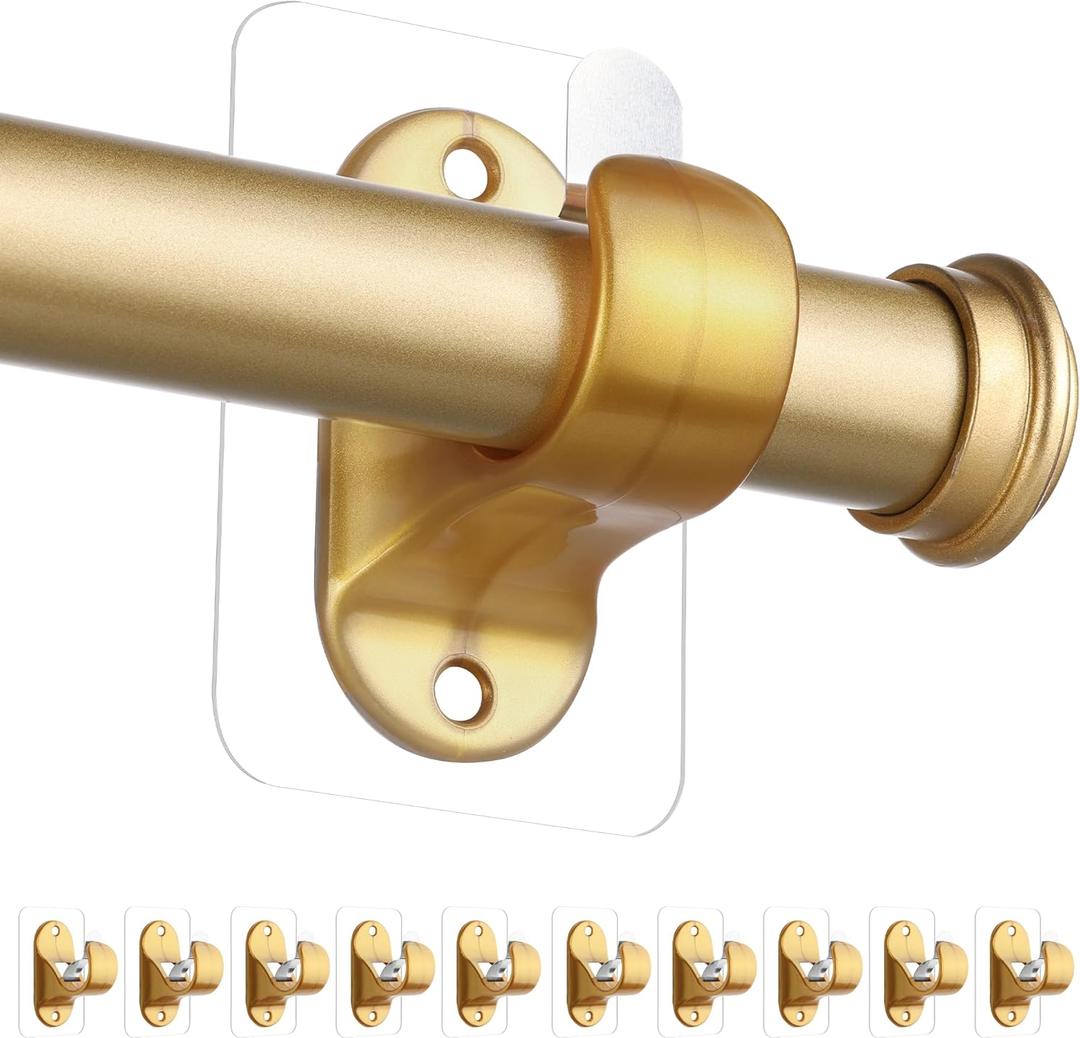 ANDGOO 10 Pack No Drill Curtain Rod Holders, Self Adhesive Curtain Rod Brackets, No Drilling, No Nail Heavy Duty Stick on Rod Hooks Bedroom, Bathroom, Livingroom, Kitchen (Gold)