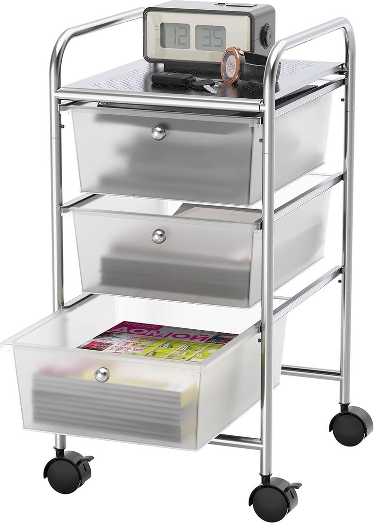 Simple Houseware Utility Cart with 3 Drawers Rolling Storage Art Craft Organizer, Chrome