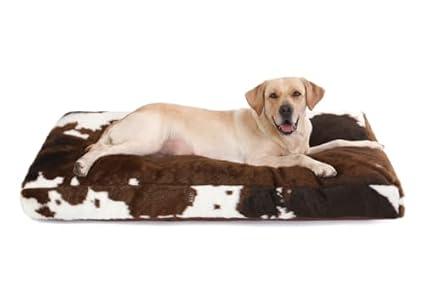 Bedfolks Plush Waterproof Dog Crate Bed, Faux Fur Kennel Pad for Extra Large Dogs, Removable Washable Cover, 41"x27", Cow Print