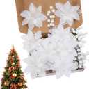 24 Pcs White Boxed Christmas Poinsettia Flowers Set, 16 Pcs Artificial Poinsettias with Clips, 8 pcs Glitter Christmas Tree Ornaments Berry Stems for Wedding Home Holiday Xmas New Year Decorations