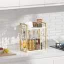 Dorhors 2 Tier Coffee Bar Accessories and Organizer,Multi-functional Mug Holder with 12 Hooks,Wood Coffee Station Organizer,Kitchen Countertop Shelf (Gold + White)